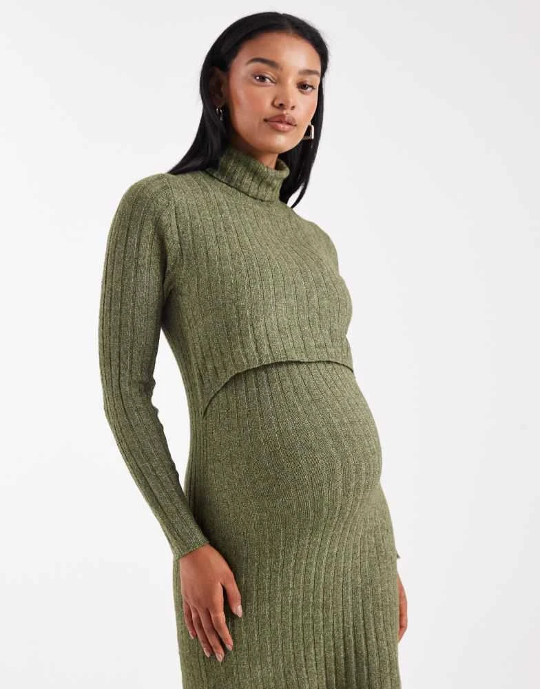 Mama.licious Mamalicious Maternity soft knitted rib midi dress with nursing  function in khaki melange - Dresses & Skirts - Free Shipping - BeyondStyle