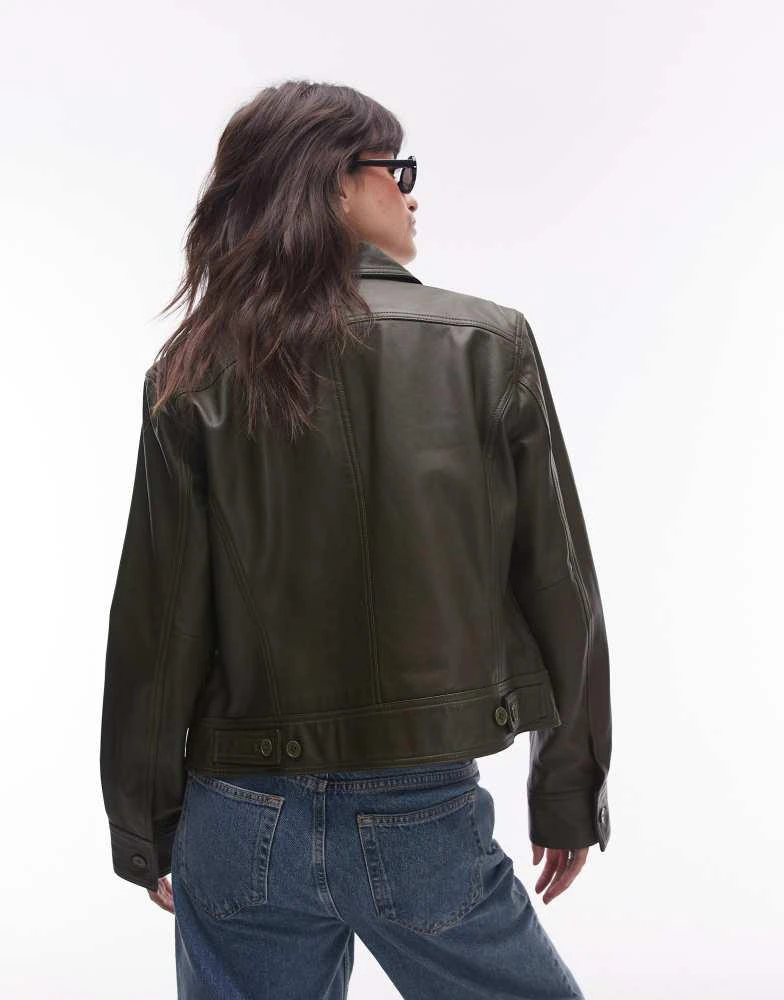 Topshop Topshop premium real leather boxy jacket in dark green 2