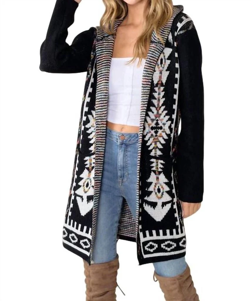 On Blue Lucille Aztec Print Hooded Cardigan In Black 1