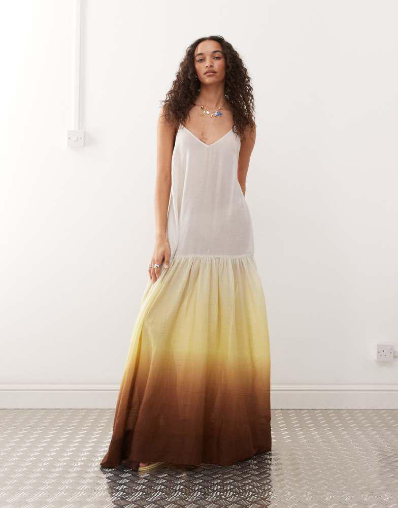 Monki Monki crinkled tiered floaty maxi dress with low tie back detail in brown gradient print