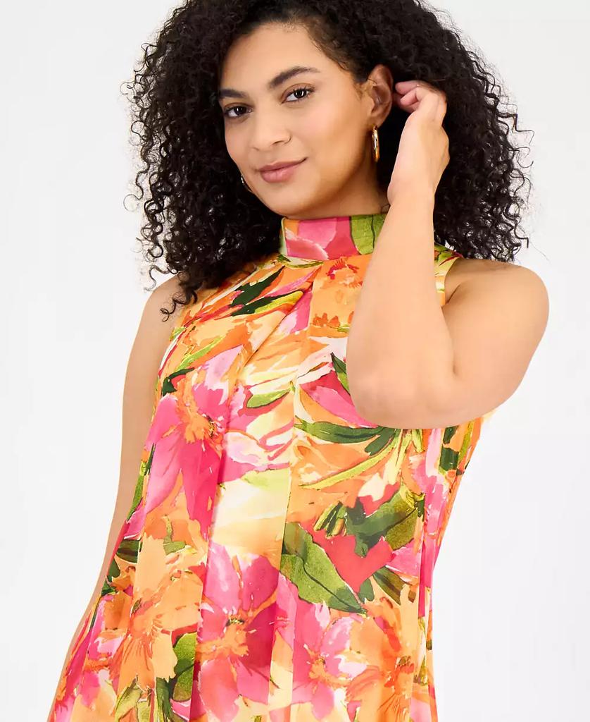 Robbie Bee Women's Floral-Chiffon Mock-Neck Trapeze Dress