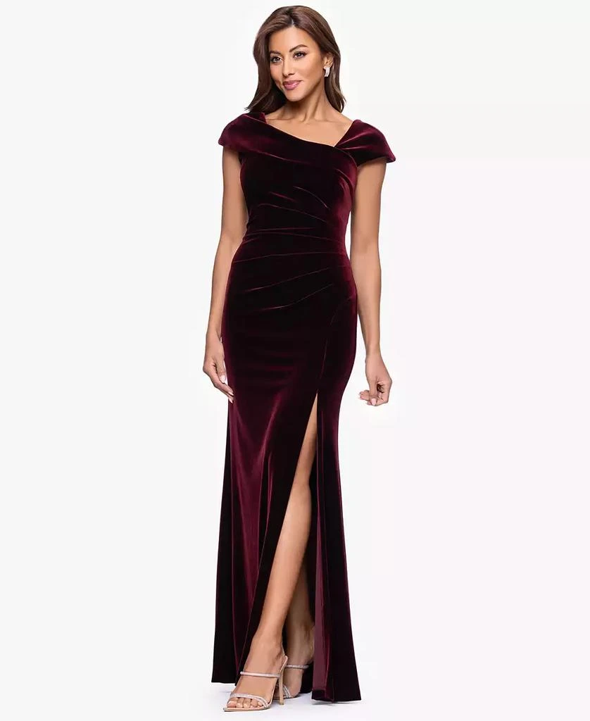 XSCAPE Petite Stretch Cap Sleeve Long Velvet Gown Dresses