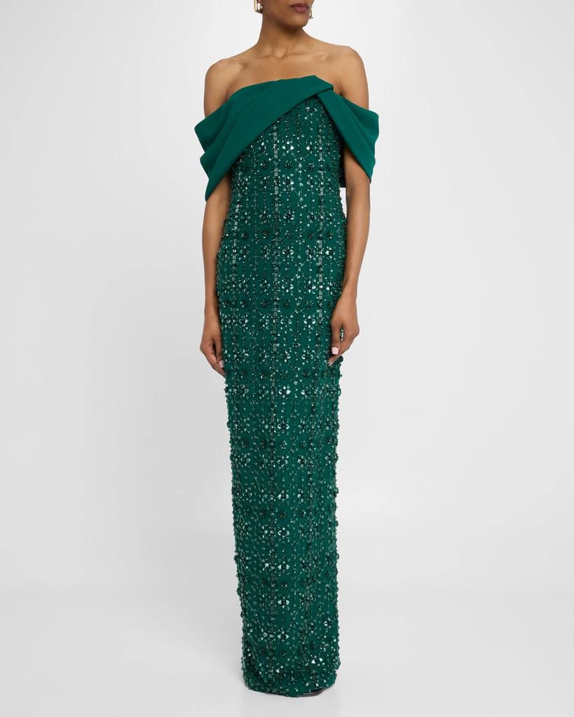 Pamella Roland Crystal Embroidered Tulle And Crepe Off-The-Shoulder Gown 4