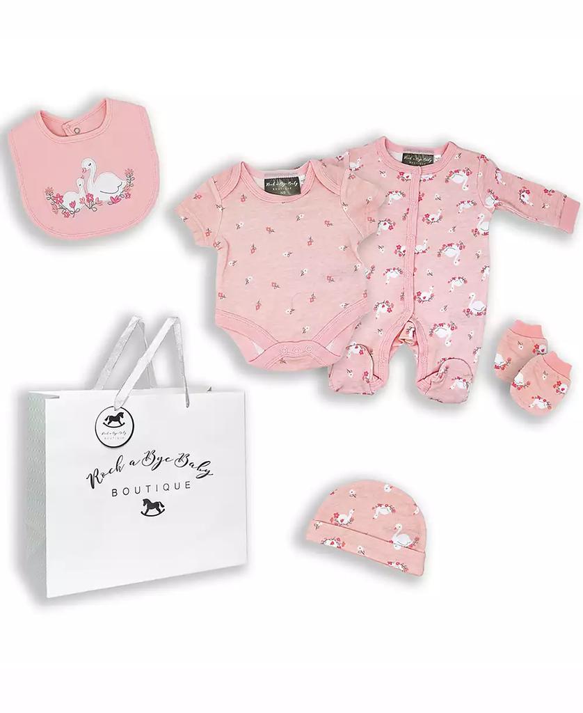 Rock-A-Bye Baby Boutique Baby Girls Lovely Swan Layette Gift in Mesh Bag, 5 Piece Set