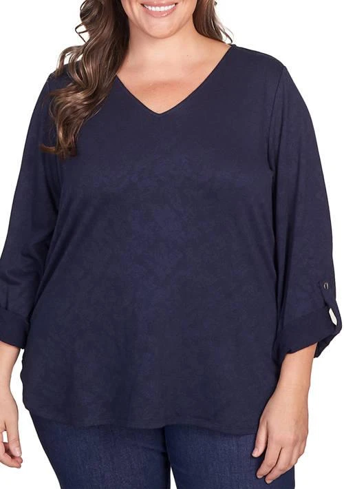Ruby Rd Rd Plus Size French Terry V Neck Roll Sleeve Top 1