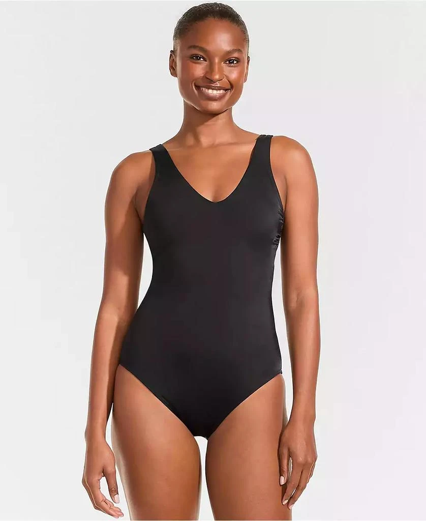 Lands
 End Women
s Tugless V-Neck High Leg One Piece Swimsuit
