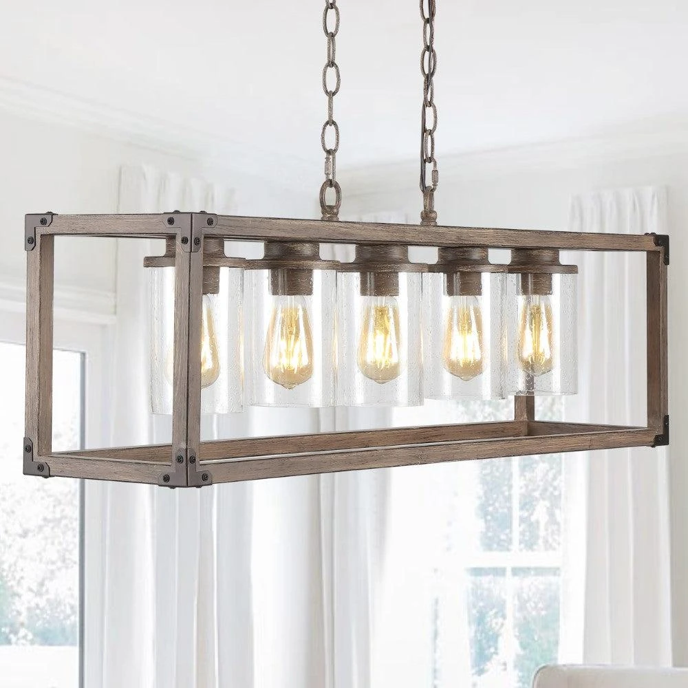 JONATHAN Y Zeniba  36" 5-Light Linear Adjustable Iron/Seeded Glass Rustic Farmhouse LED Pendant 4
