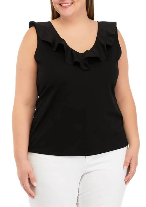 Anne Klein Plus Size Harmony with Woven Combo Double V-Neck Flounce Top 1