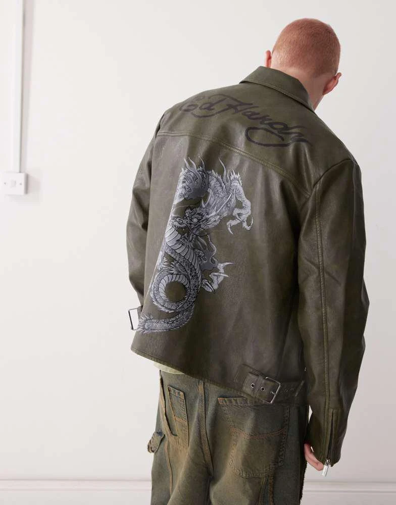 Ed Hardy Ed Hardy vintage washed vegan leather motorcross jacket in green 3