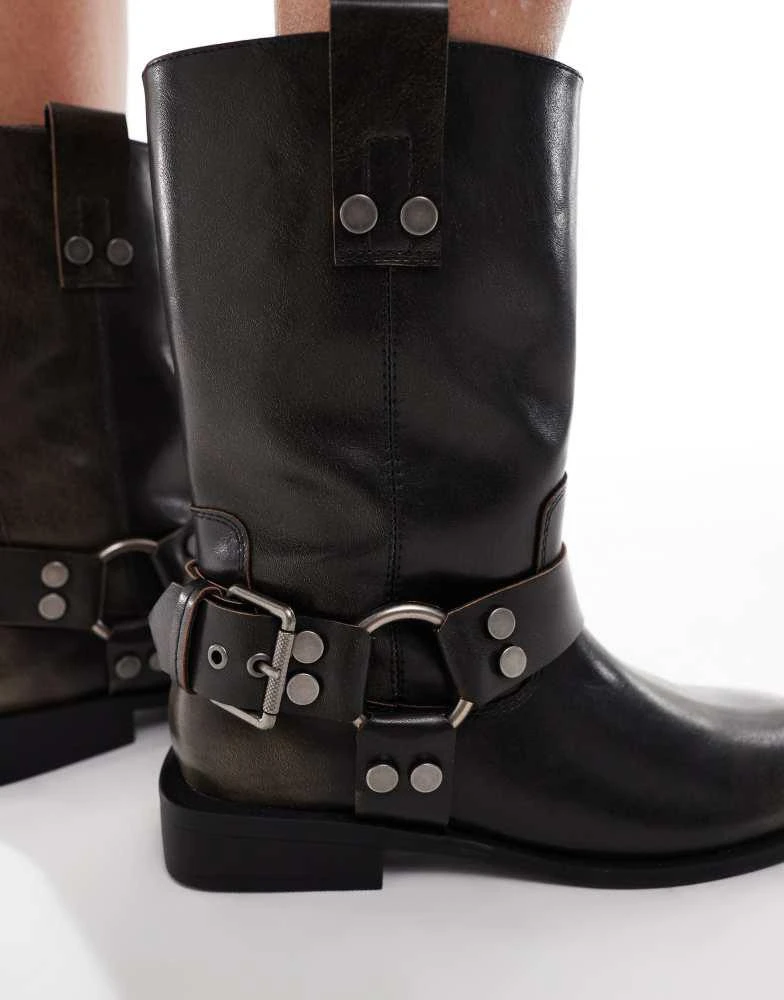 ASOS ASOS DESIGN Arley burnished flat biker boot in brown 4