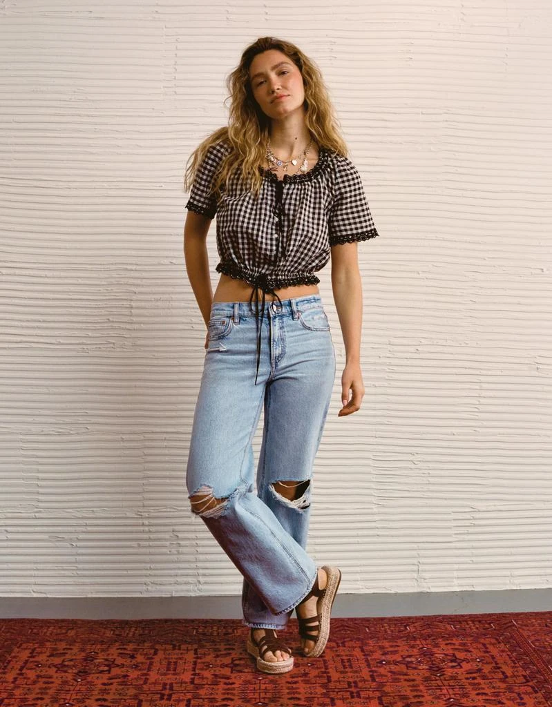 AE AE Short-Sleeve Gingham Button-Up Blouse 1