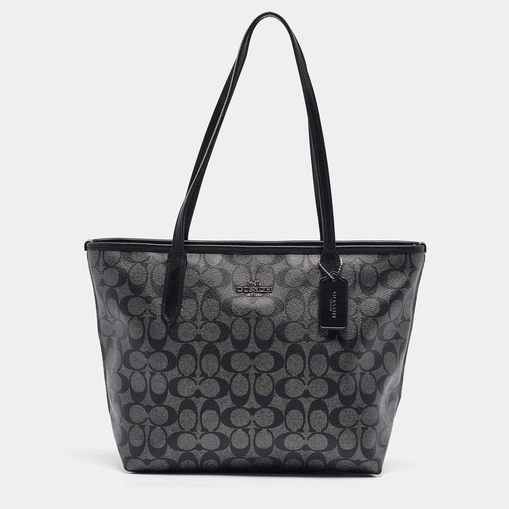 Coach Black Silver Signature Coated Canvas and Leather City Zip Tote