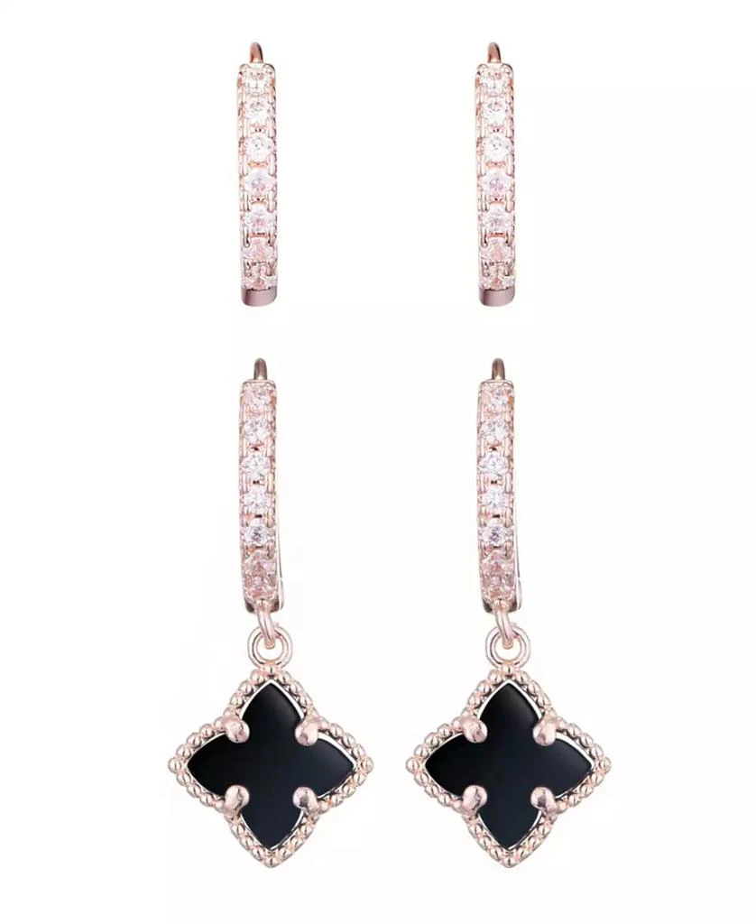 ADORNIA Rose Gold CZ Black Clover Huggie Set 2
