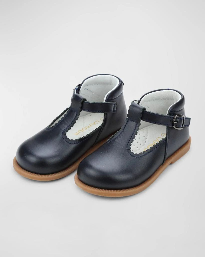 L'Amour Shoes Girl's Louise Scalloped Leather T-Strap Mary Jane Flats, Baby/Toddler