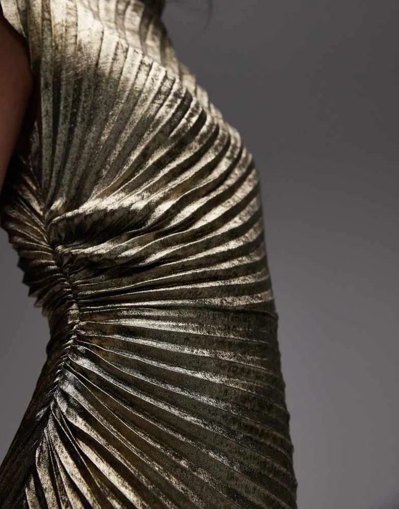 Allsaints Rayanna Pleated Woven Midi Dress - Metallic Gold