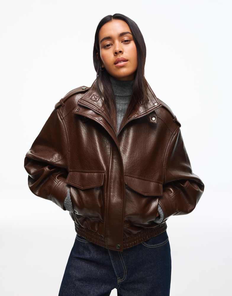 Bershka Bershka Faux leather jacket with pockets in burgundy