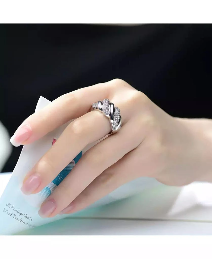 Genevive Sterling Silver White Gold Plated Clear Round Cubic Zirconia Wavy Twisted Ring 3