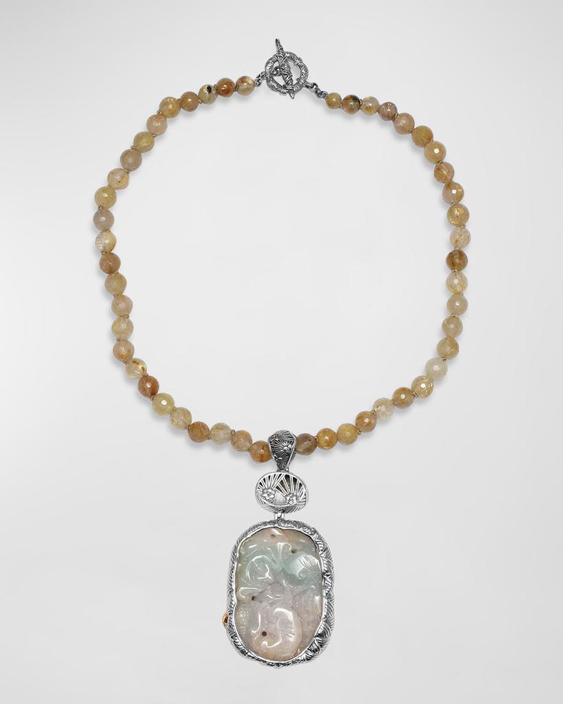 Stephen Dweck Vintage Hand Carved Jade Pendant on Quartz Bead Necklace