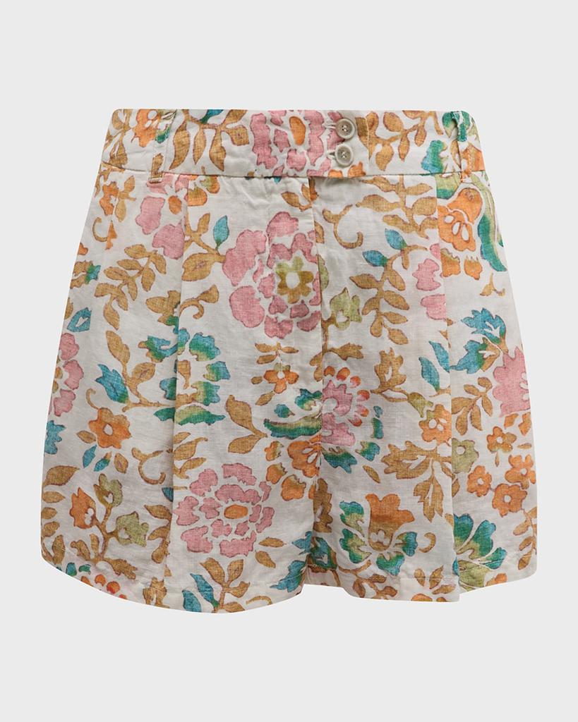 120% Lino Pleated Floral-Print Linen Shorts