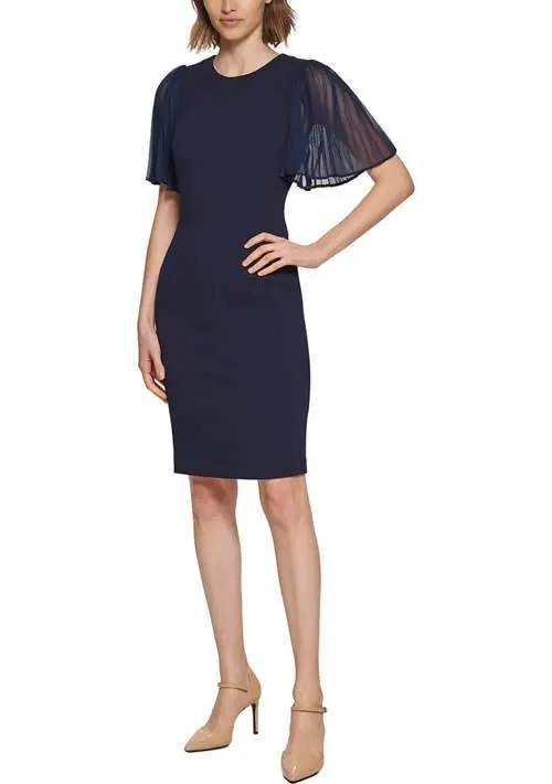 Calvin Klein Women's Short Flare Sleeve Round Neck Solid Sheath Dress from Belk