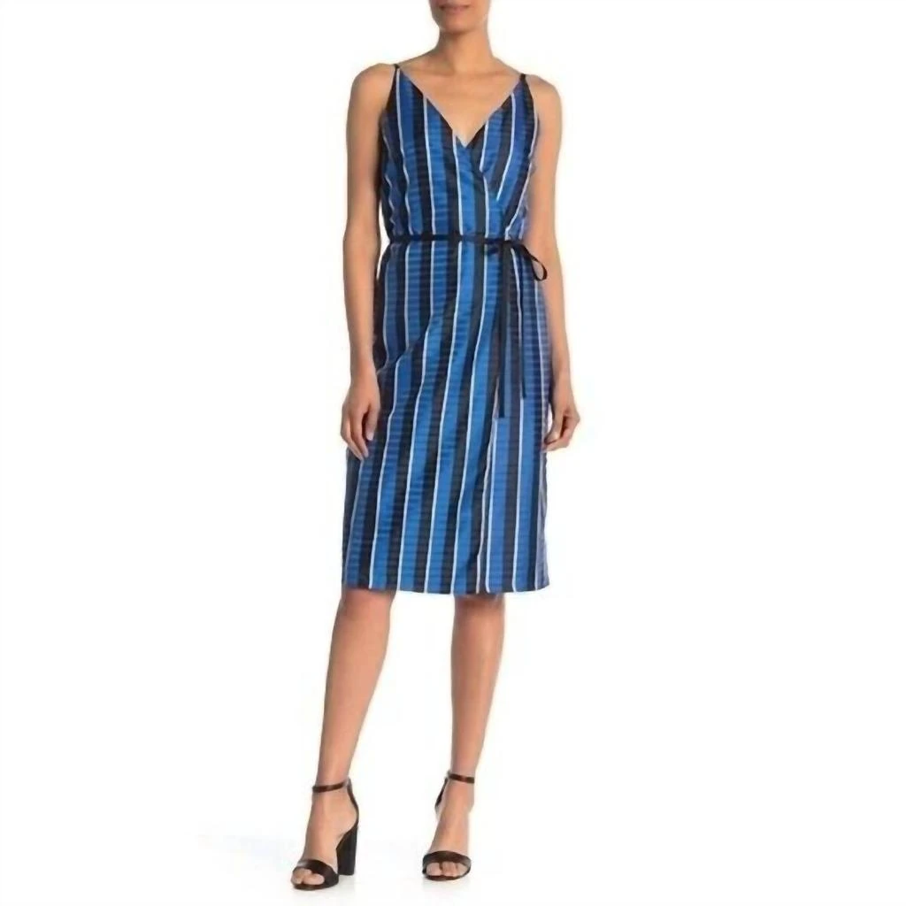 Robert Rodriguez Striped Surplice V Neck Dress In Blue 1