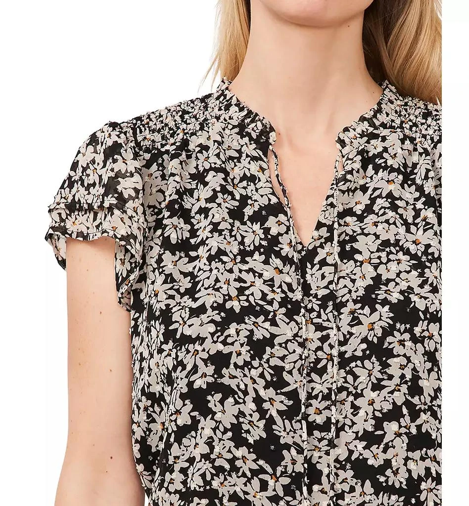 CeCe Women's Floral Clip-Dot Tie-Neck Flutter-Sleeve Top 3