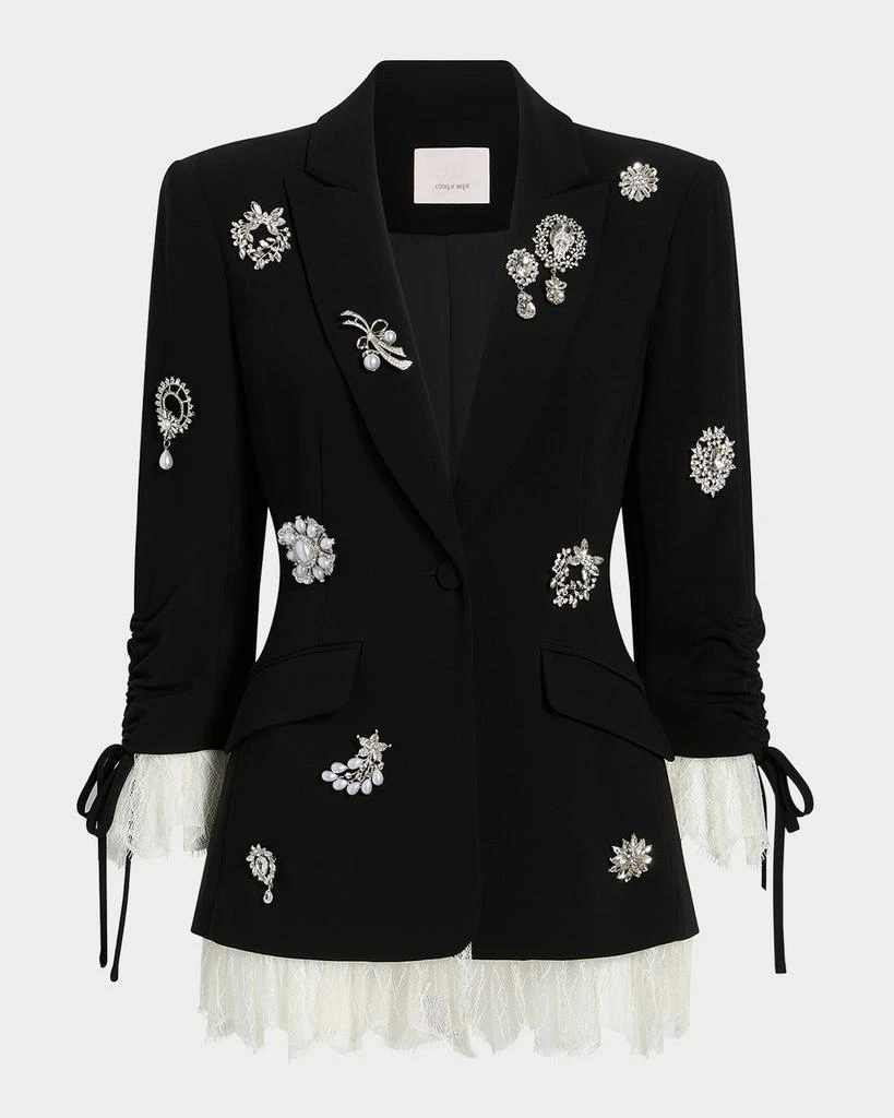 Cinq a Sept Roxie Crystal Brooch Blazer with Lace Trim