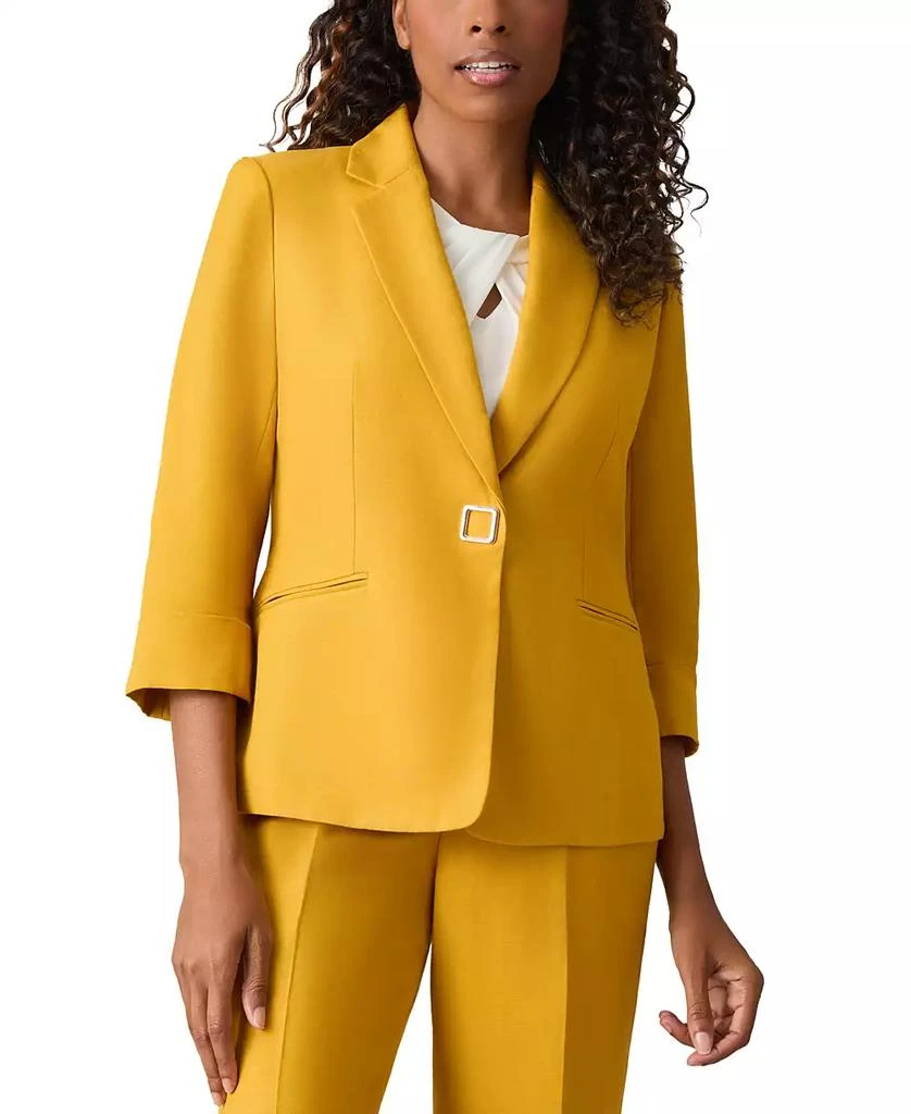 Kasper Petite Linen-Blend Button-Front 3/4-Sleeve Notch-Lapel Blazer 3