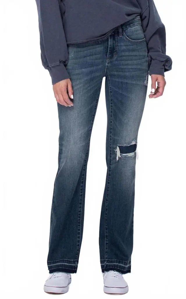 Judy Blue Mid Rise Bootcut Patched Distressed Knee Raw Hem Jeans - Plus Sizes In Blue Wash
