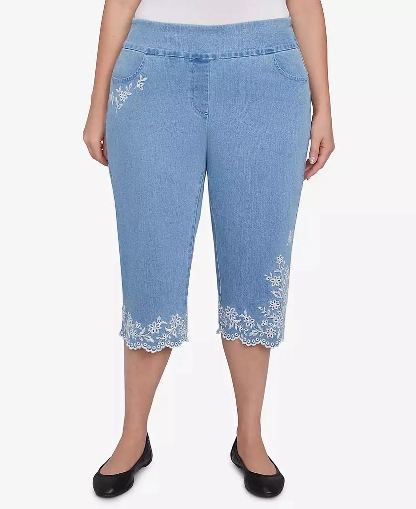 Alfred Dunner Plus Size Flower Power Classic Floral Embroidered Denim Capris Pants 1