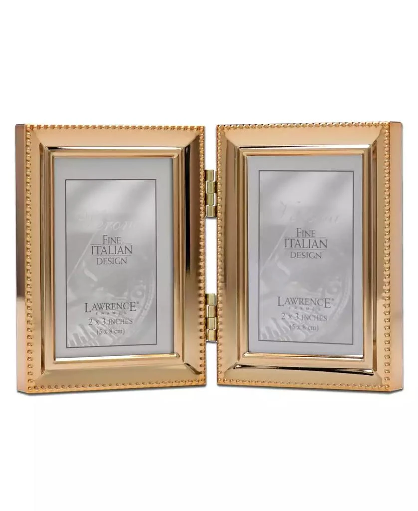 Lawrence Frames Polished Metal Hinged Double Picture Frame - Bead Border Design, 2.5" x 3.5" 1