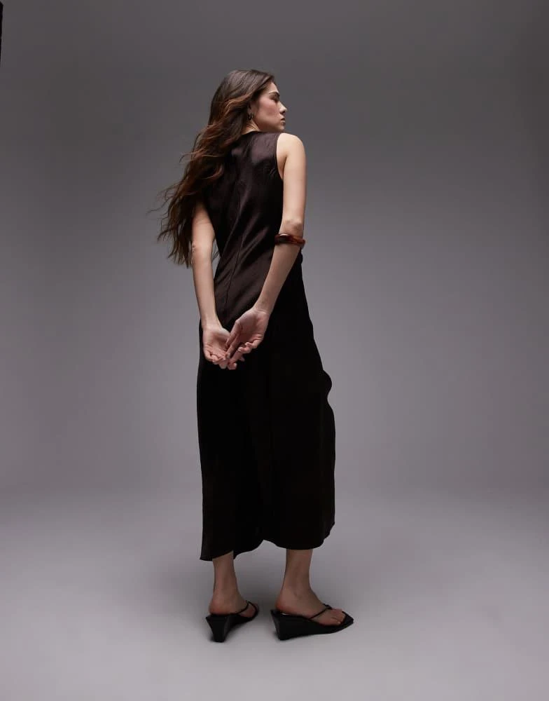 & Other Stories sleeveless satin midaxi dress with drape detail and thigh slit in dark brown