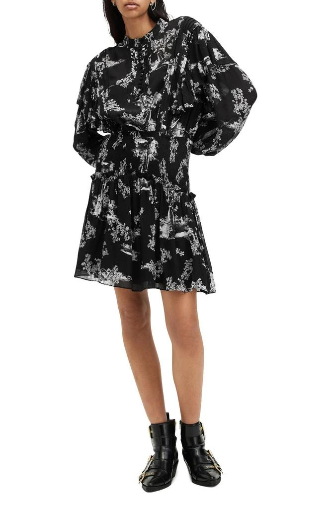 AllSaints Aubrey Sheer Frill Mini Dress, Maria Black, Size: UK 8/US 4