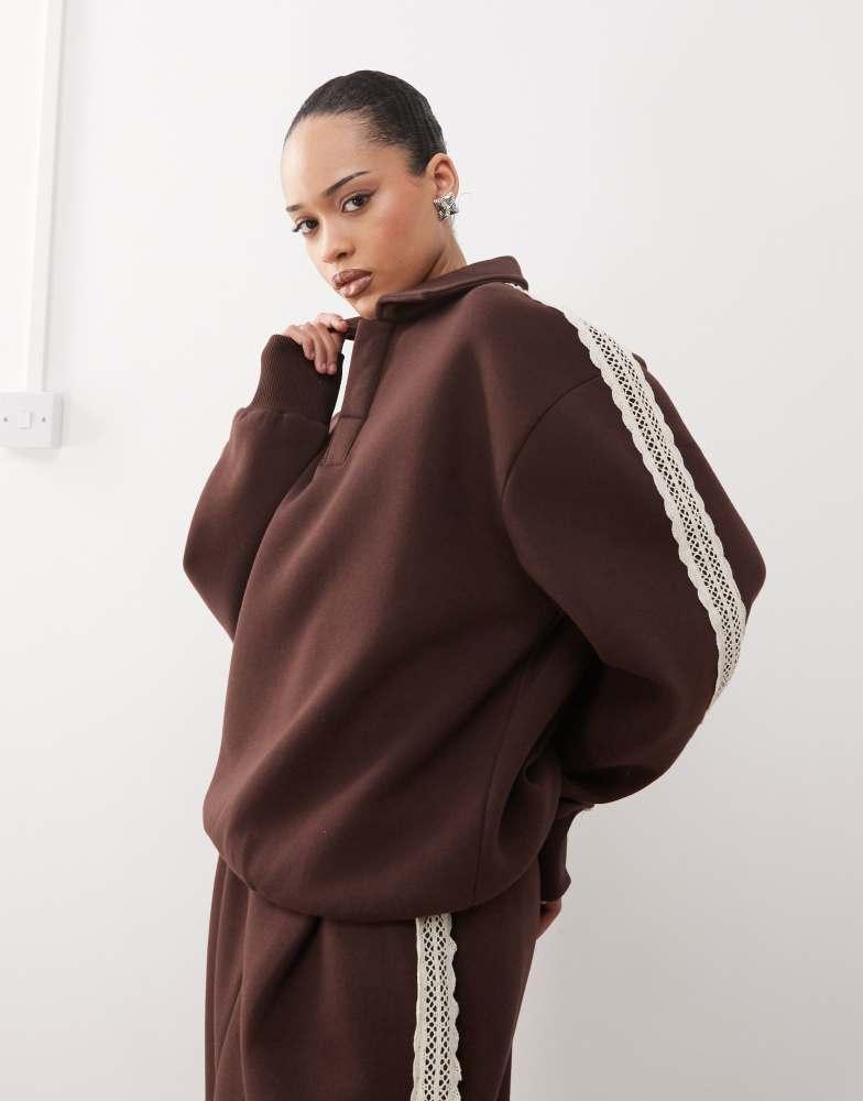 Reclaimed Vintage Reclaimed Vintage lace trim polo sweatshirt co-ord in brown