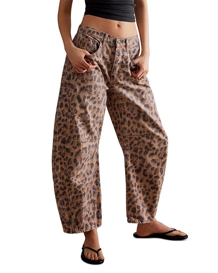 Free People We The Free Good Luck Leopard Barrel Leg Jeans in Brown Sugar 1