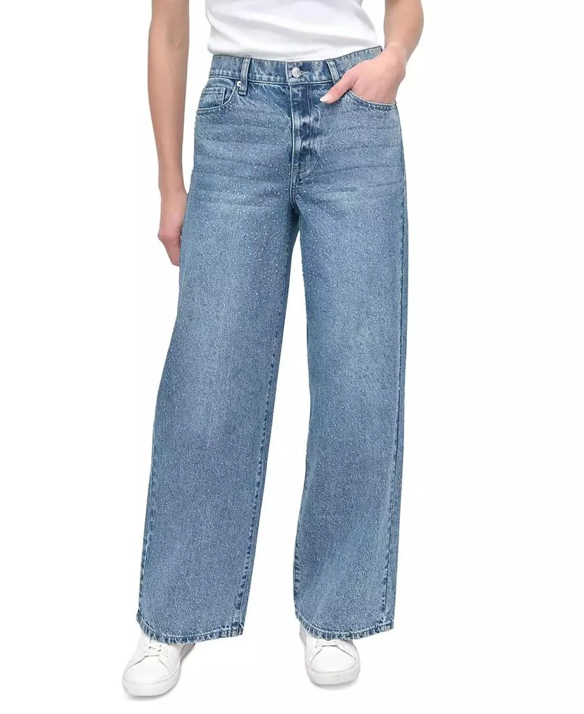 DKNY Women's Rhinestone High-Rise Wide-Leg Jeans 9
