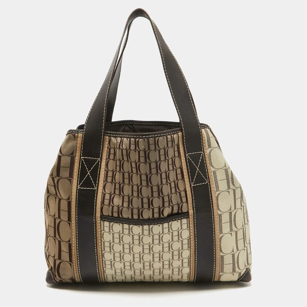 Carolina Herrera Carolina Herrera Brown/Beige Canvas and Leather Shopper Tote 1