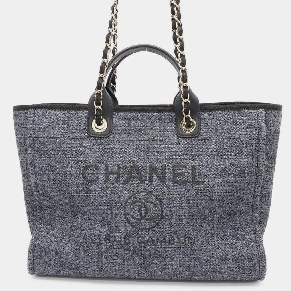 Chanel Chanel Black Navy Straw Leather Deauville Tote Bag