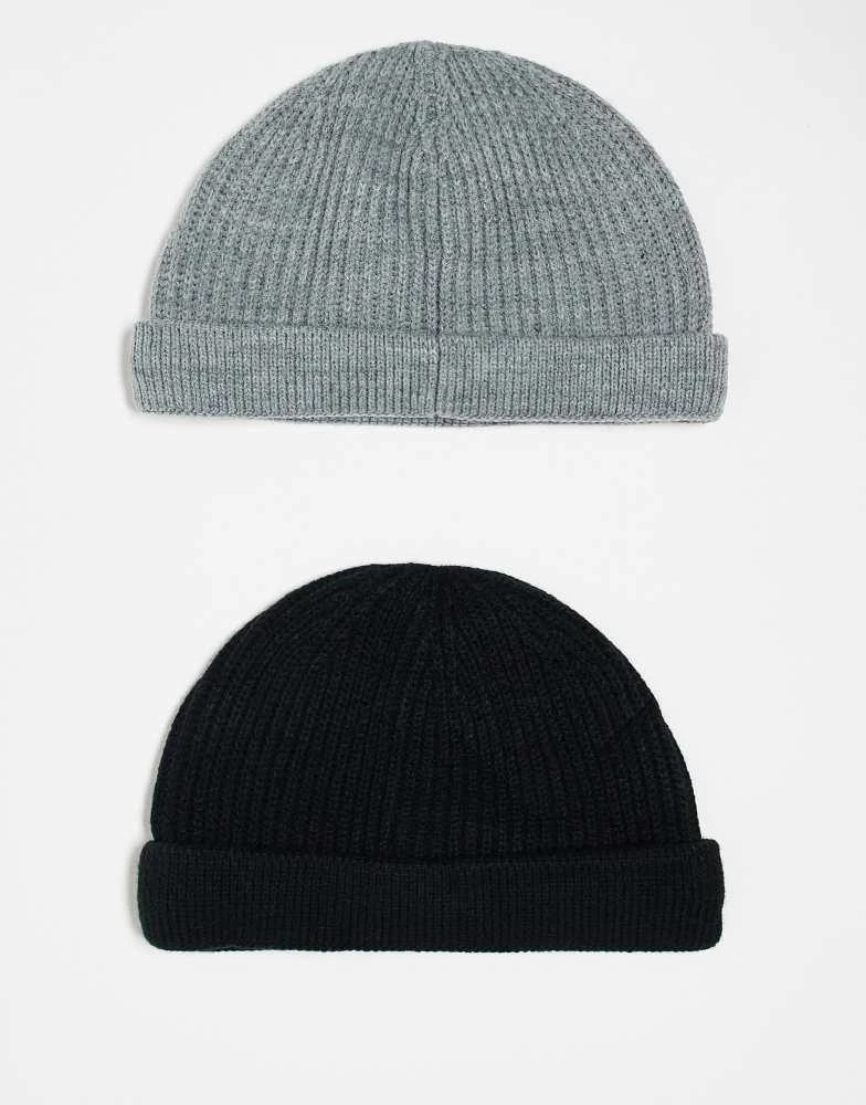 Only & Sons ONLY & SONS 2 pack fisherman beanie hats in black & grey melange 3