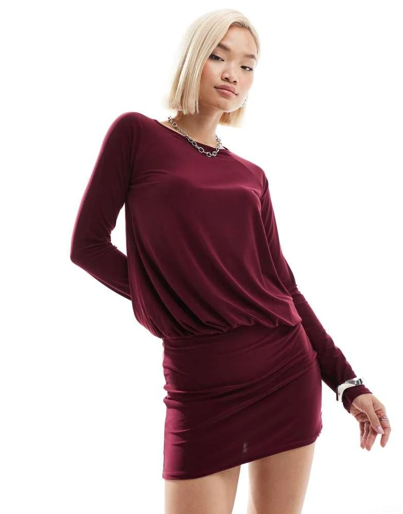 COLLUSION COLLUSION slinky longsleeve mini dress in burgundy 3