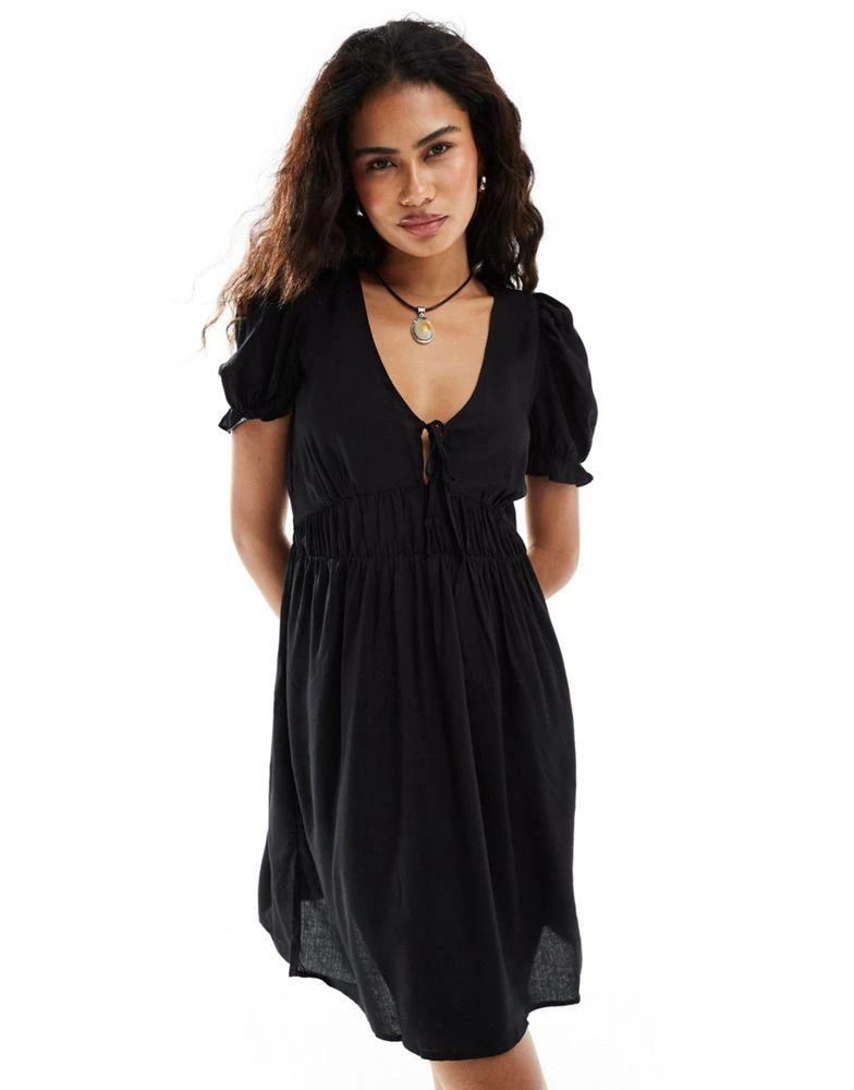 Monki Monki mini smock dress with puff sleeves in black 4