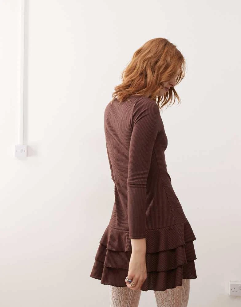 Reclaimed Vintage Reclaimed Vintage long sleeve ruffle drop waist mini dress in brown 3