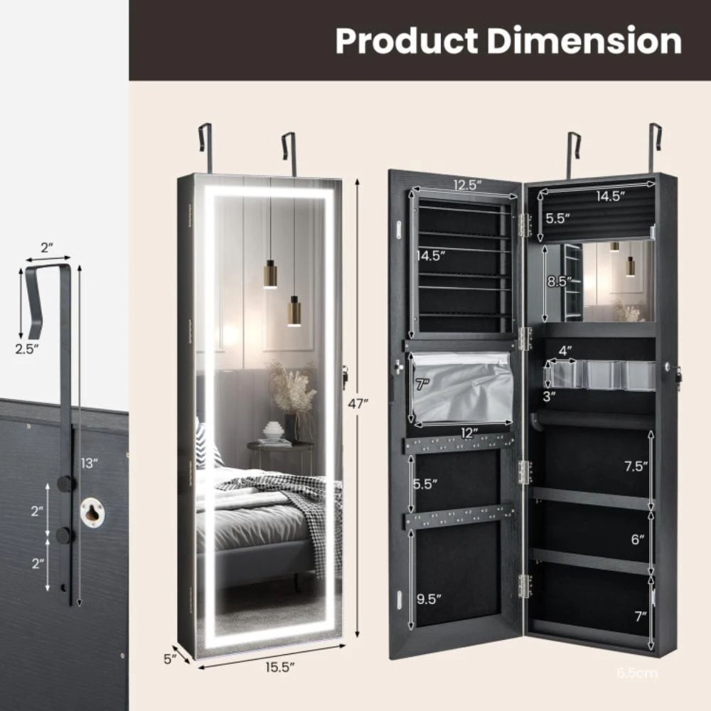 Hivvago Mirrored Jewelry Armoire with Full Length Mirror and 2 Internal LED Lights-Black 6