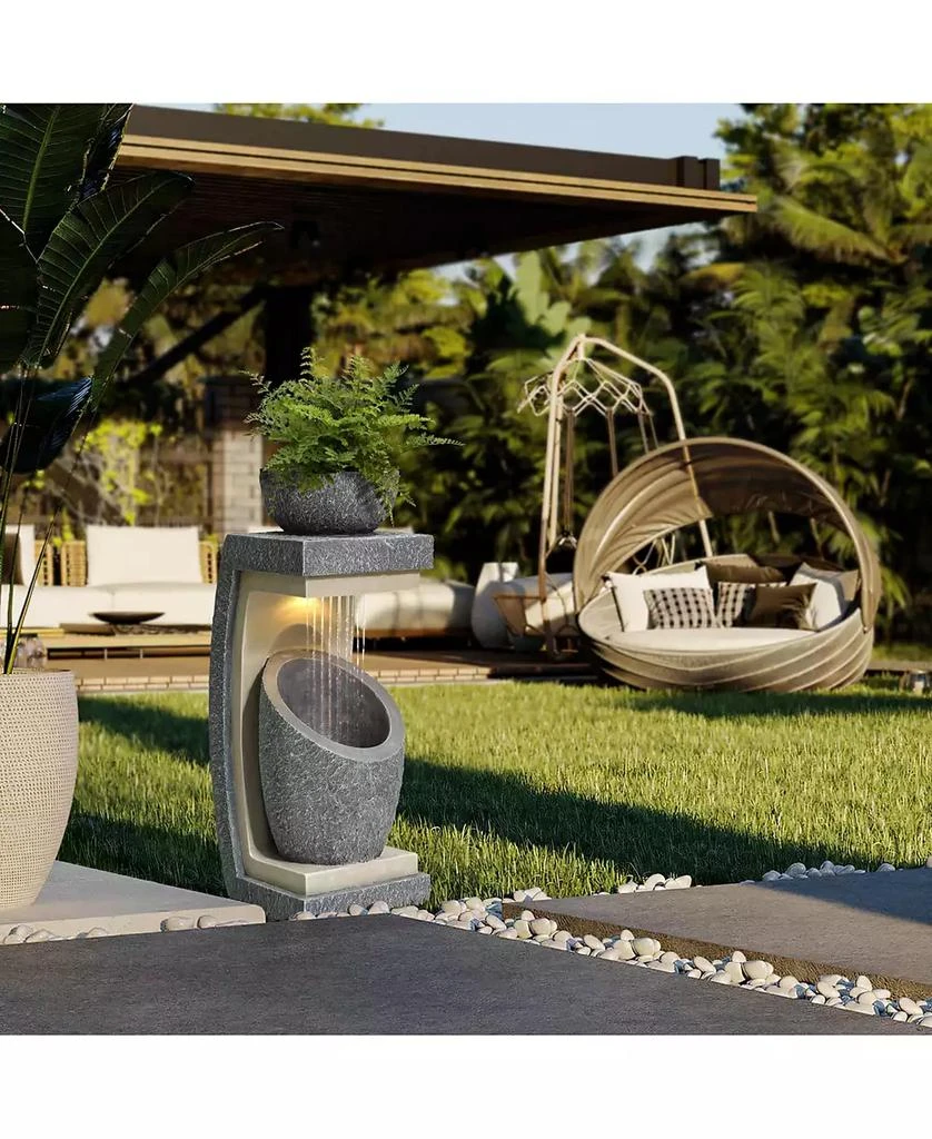 LuxenHome Gray Resin Column and Bowl Sculpture Outdoor Fountain with Lights 5
