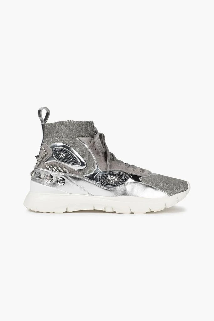 Valentino Embellished metallic stretch-knit high-top sneakers 1