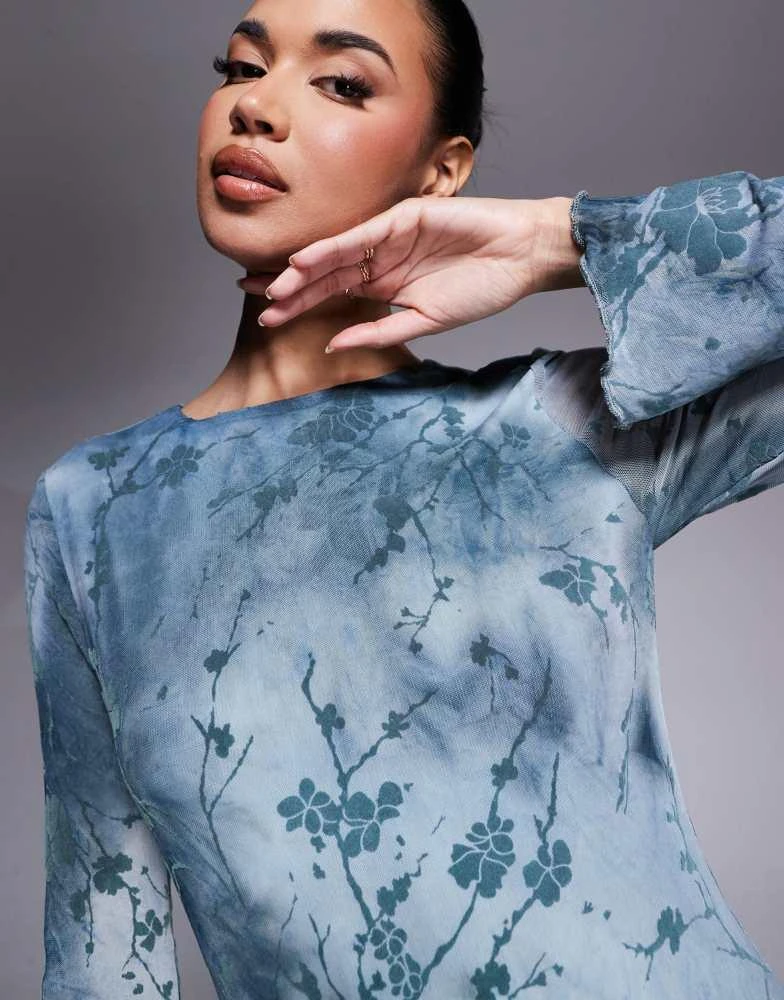 Rare Rare London flare sleeve sheer detail maxi dress in teal flower print 2