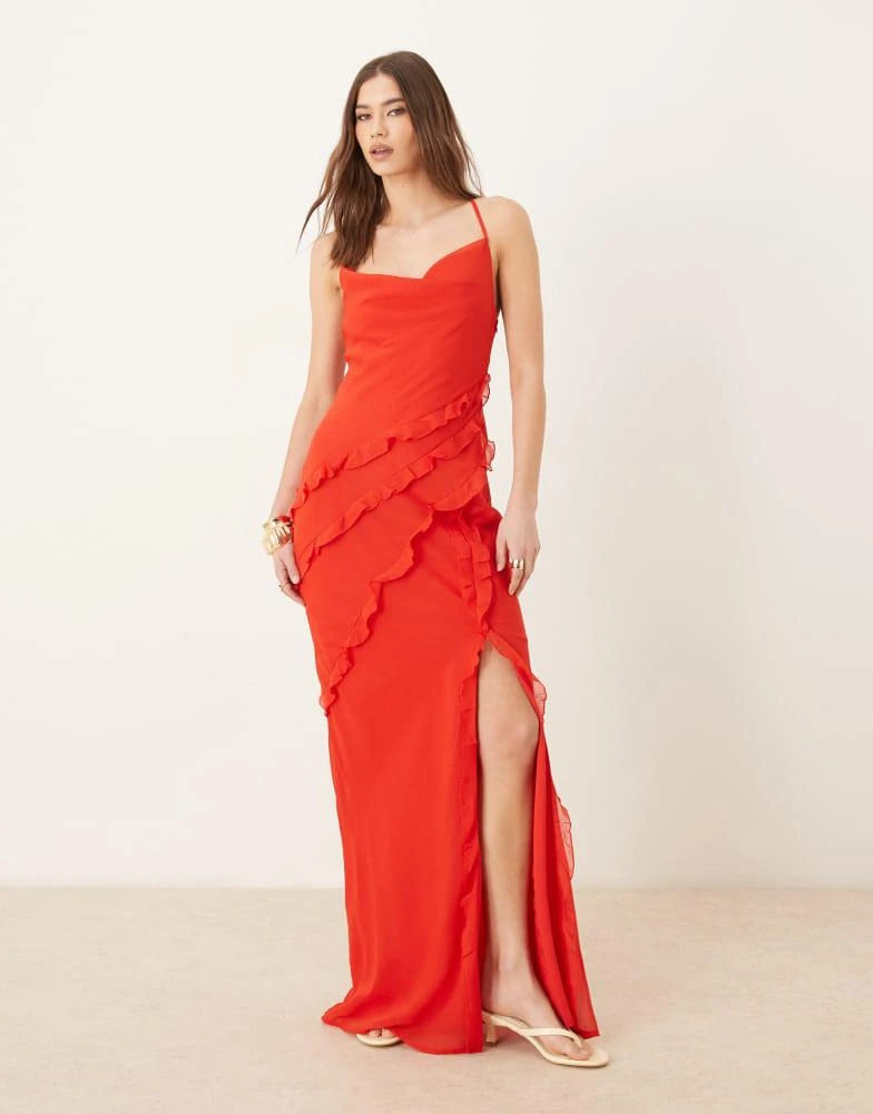 Pretty Lavish Pretty Lavish textured asymmetric ruffle maxi dress in bright red 1