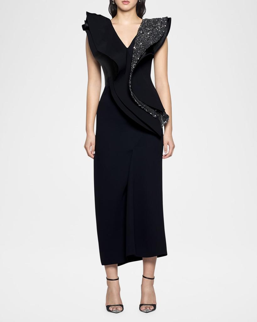 Maticevski Revive Wave Sequined-Ruffle Slit Midi Dress