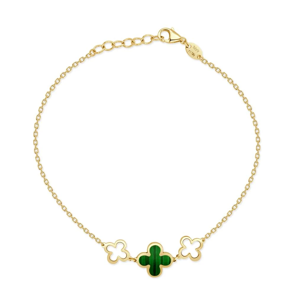 Italian Gold 14K Yellow Gold Alternating Clover & Open Clover Bracelet 3 Stations - Malachite
