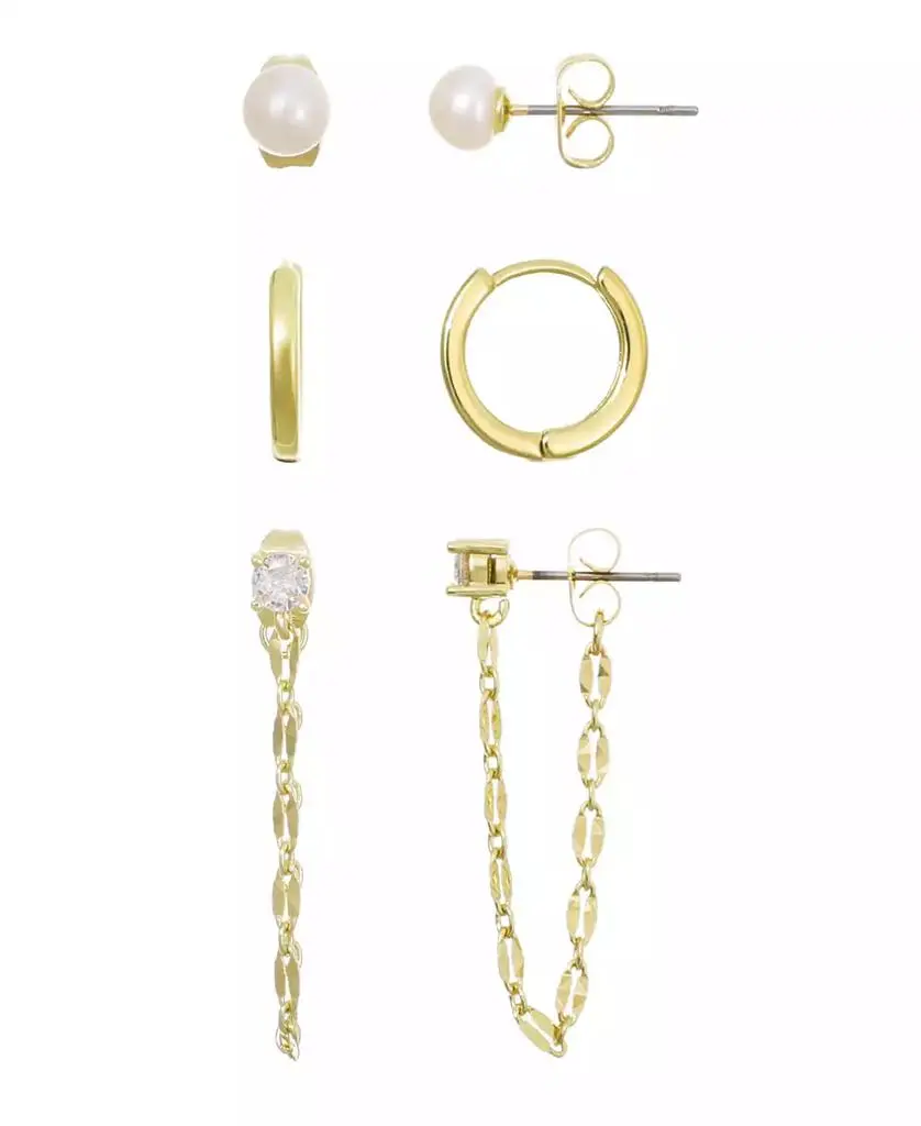 ADORNIA Gold Natural Freshwater Pearl Stud, Huggie and Drop Chain Earrings 3-Piece Set